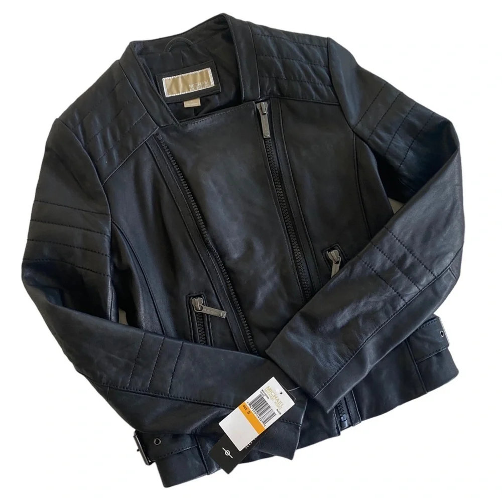 Michael Kors Womens Moto Leather Jacket Black Size Small NWD